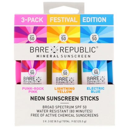 BARE REPUBLIC, NEON SUNSCREEN STICKS, FESTIVAL EDITION, SPF 50, 3 PACK, .3 OZ / 8.5g EACH