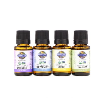 GARDEN OF LIFE, ORGANIC ESSENTIAL OIL STARTER PACK, LAVENDER, PEPPERMINT, LEMON, TEA TREE, 4 BOTTLES, 0.5 FL OZ / 15ml EACH