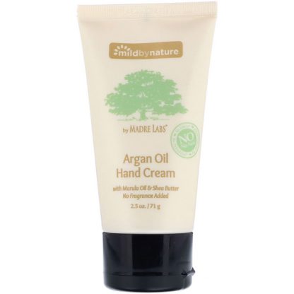MILD BY NATURE, ARGAN OIL HAND CREAM WITH MARULA OIL & COCONUT OIL PLUS SHEA BUTTER, SOOTHING AND UNSCENTED, 2.5 OZ / 71g