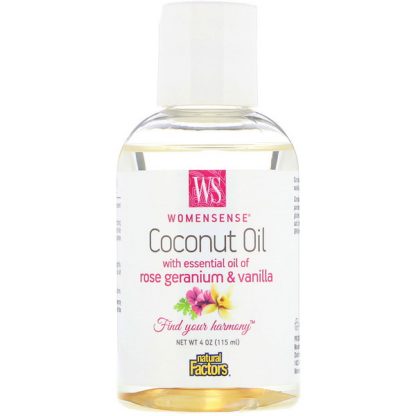 NATURAL FACTORS, WOMENSENSE, COCONUT OIL WITH ESSENTIAL OIL OF ROSE GERANIUM & VANILLA, 4 OZ / 115ml