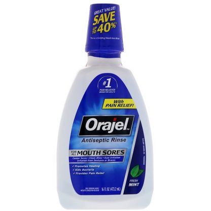 ORAJEL, ANTISEPTIC RINSE FOR ALL MOUTH SORES, FRESH MINT, 16 FL OZ / 473.2ml