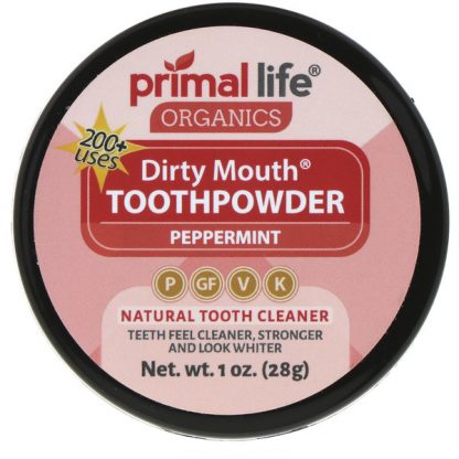 PRIMAL LIFE ORGANICS, DIRTY MOUTH TOOTH POWDER, PEPPERMINT, 1 OZ / 28g