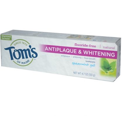 TOM'S OF MAINE, ANTIPLAQUE & WHITENING, FLUORIDE-FREE TOOTHPASTE, SPEARMINT GEL, 4.7 OZ / 133g