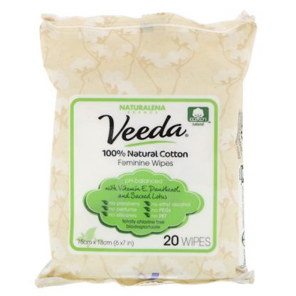 VEEDA, 100% NATURAL COTTON FEMININE WIPES, 20 WIPES