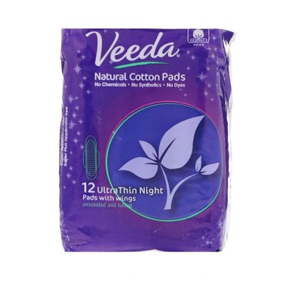 VEEDA, NATURAL COTTON PADS WITH WINGS, ULTRA THIN, NIGHT, 12 PADS