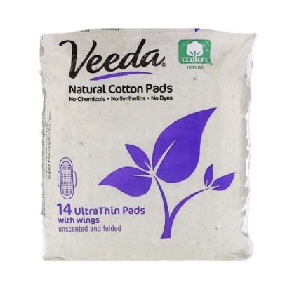 VEEDA, NATURAL COTTON PADS WITH WINGS, ULTRA THIN, 14 PADS