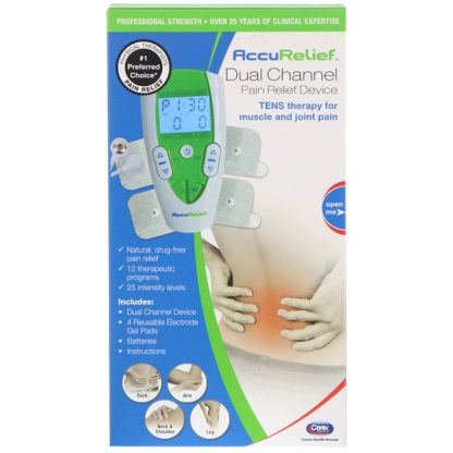 ACCURELIEF, DUAL CHANNEL PAIN RELIEF DEVICE, TENS THERAPY FOR MUSCLE AND JOINT PAIN, 1 DUAL CHANNEL DEVICE & 4 ELECTRODE GEL PADS