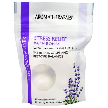 SMITH & VANDIVER, STRESS RELIEF BATH BOMBS WITH LAVENDER ESSENTIAL, 4 EFFERVESCENT BATH BALLS, 0.8 OZ / 22g EACH