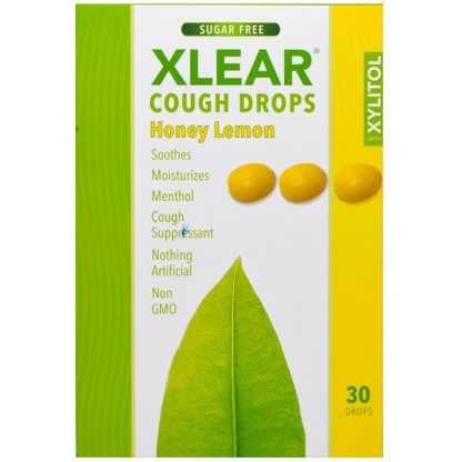 XLEAR, XYLITOL, COUGH DROPS, SUGAR FREE, HONEY LEMON, 30 DROPS