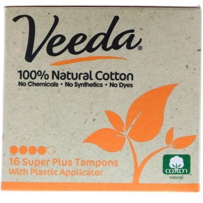 VEEDA, 100% NATURAL COTTON TAMPON WITH PLASTIC APPLICATOR, SUPER PLUS, 16 TAMPONS