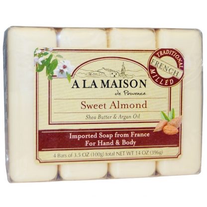 A LA MAISON DE PROVENCE, HAND & BODY BAR SOAP, SWEET ALMOND, 4 BARS, 3.5 OZ EACH