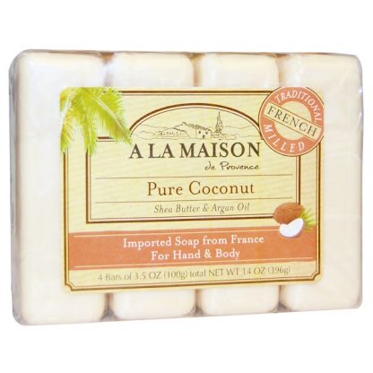 A LA MAISON DE PROVENCE, HAND & BODY BAR SOAP, PURE COCONUT, 4 BARS, 3.5 OZ EACH