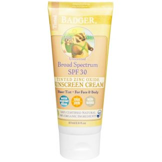 BADGER COMPANY, TINTED ZINC OXIDE SUNSCREEN CREAM, BROAD SPECTRUM SPF 30, UNSCENTED, 2.9 FL OZ / 87ml