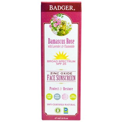 BADGER COMPANY, ZINC OXIDE FACE SUNSCREEN, SPF 25, DAMASCUS ROSE, 1.6 FL OZ / 47ml