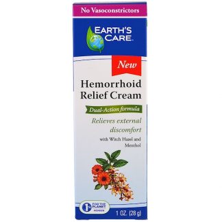EARTH'S CARE, HEMORRHOID RELIEF CREAM WITH WITCH HAZEL AND MENTHOL, 1 OZ / 28g