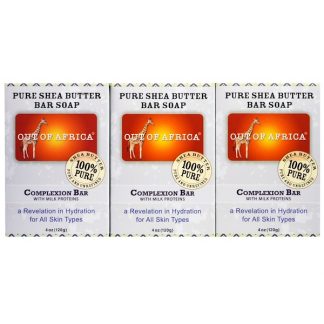 OUT OF AFRICA, PURE SHEA BUTTER BAR SOAP, COMPLEXION BAR WITH MILK PROTEINS, 3 PACK, 4 OZ / 120g EACH