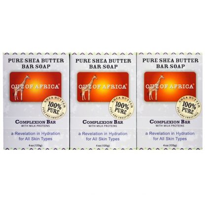 OUT OF AFRICA, PURE SHEA BUTTER BAR SOAP, COMPLEXION BAR WITH MILK PROTEINS, 3 PACK, 4 OZ / 120g EACH