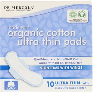 DR. MERCOLA, ORGANIC COTTON ULTRA THIN PADS, NIGHTTIME WITH WINGS, 10 PADS