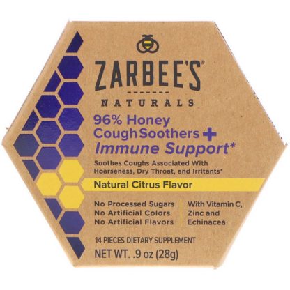 ZARBEE'S, 96% HONEY COUGH SOOTHERS + IMMUNE SUPPORT, NATURAL CITRUS FLAVOR, 14 PIECES