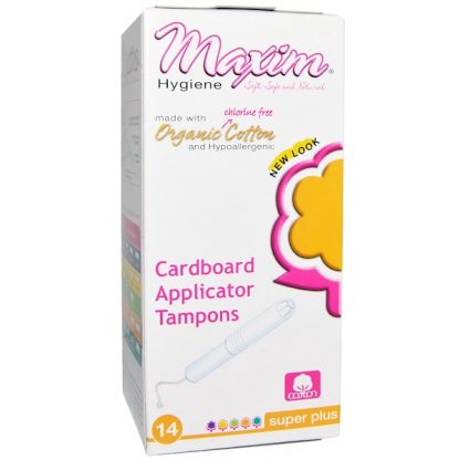 MAXIM HYGIENE PRODUCTS, ORGANIC COTTON CARDBOARD APPLICATOR TAMPONS, SUPER PLUS, 14 TAMPONS