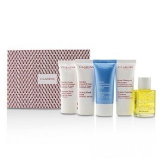 CLARINS FRENCH BEAUTY BOX: 1X CLEANSER 30ML, 1X HYDRAQUENCH CREAM 30ML, 1X BEAUTY FLASH BALM 30ML, 1X BODY TREATMENT OIL, 1X B/L 5PCS