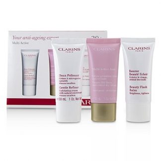 CLARINS MULTI-ACTIVE 30+ ANTI-AGEING SKINCARE SET: GENTLE REFINER 30ML + MULTI-ACTIVE DAY CREAM 30ML + BEAUTY FLASH BALM 30ML 3PCS