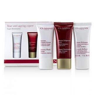 CLARINS SUPER RESTORATIVE 50+ ANTI-AGEING SKINCARE SET: GENTLE REFINER 30ML+SUPER RESTORATIVE DAY CREAM 30ML+BEAUTY FLASH BALM 30ML 3PCS