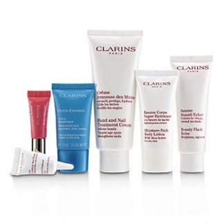 CLARINS WEEK-END ESSENTIALS: HAND &AMP; NAIL CREAM+BEAUTY FLASH BALM+MOISTURE-RICH BODY+EYE CONTOUR GEL+HYDRA-ESSENTIEL CREAM+LIP 6PCS+1BAG