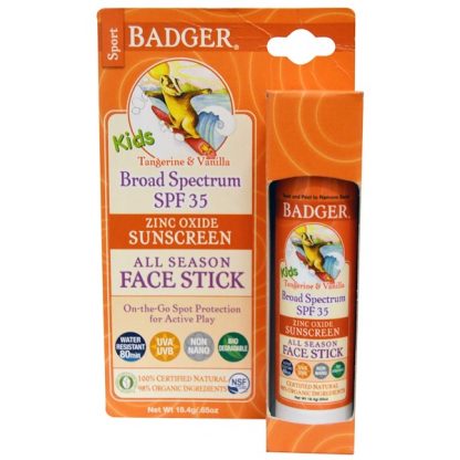 BADGER COMPANY, KIDS ZINC OXIDE SUNSCREEN ALL SEASON FACE STICK, SPF 35, TANGERINE & VANILLA, .65 OZ / 18.4g