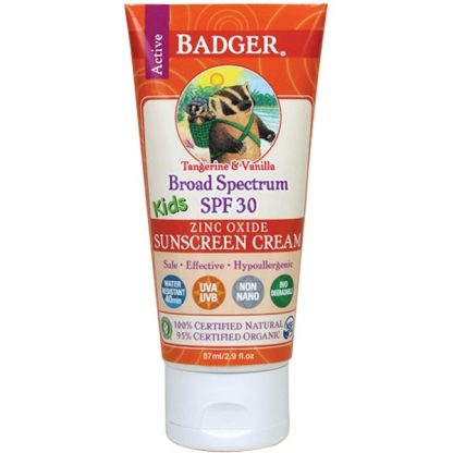 BADGER COMPANY, ACTIVE KIDS, ZINC OXIDE SUNSCREEN CREAM, SPF 30, TANGERINE & VANILLA, 2.9 FL OZ / 87ml