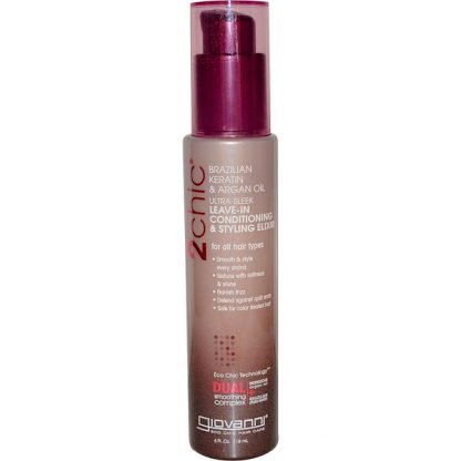 GIOVANNI, 2CHIC, ULTRA-SLEEK LEAVE-IN CONDITIONING & STYLING ELIXIR, BRAZILIAN KERATIN & ARGAN OIL, 4 FL OZ / 118ml