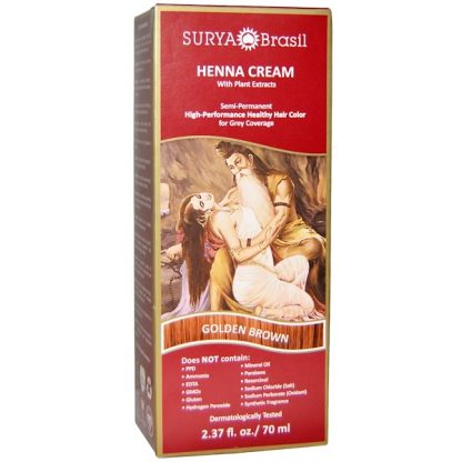 SURYA BRASIL, HENNA CREAM, HIGH-PERFORMANCE HEALTHY HAIR COLOR FOR GREY COVERAGE, GOLDEN BROWN, 2.37 FL OZ / 70ml