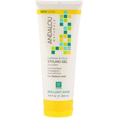 ANDALOU NATURALS, STYLING GEL, BRILLIANT SHINE, MEDIUM HOLD, SUNFLOWER & CITRUS, 6.8 FL OZ / 200ml