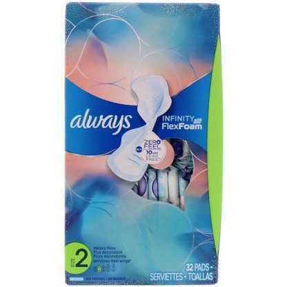 ALWAYS, INFINITY FLEX FOAM WITH FLEXI-WINGS, SIZE 2, HEAVY FLOW, UNSCENTED, 32 PADS