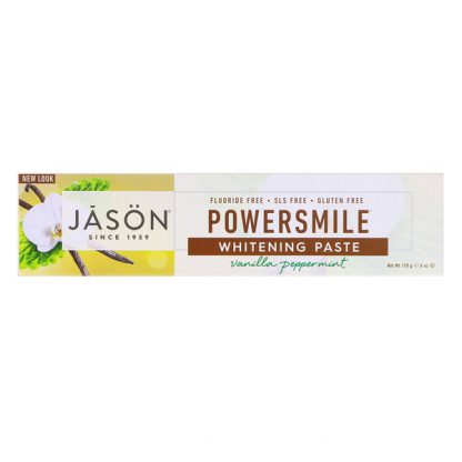 JASON NATURAL, POWERSMILE, ANTIPLAQUE & WHITENING TOOTHPASTE, VANILLA POWERMINT, 6 OZ / 170g