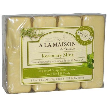 A LA MAISON DE PROVENCE, HAND & BODY BAR SOAP, ROSEMARY MINT, 4 BARS, 3.5 OZ / 100g EACH