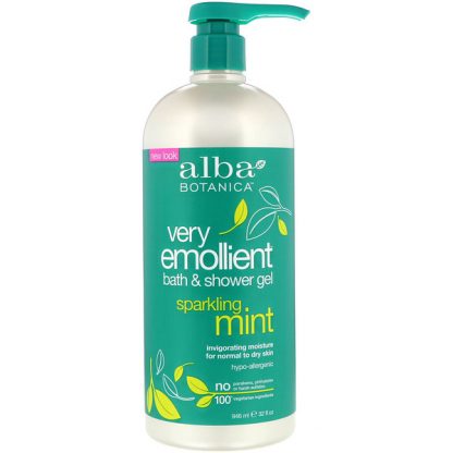 ALBA BOTANICA, VERY EMOLLIENT, BATH & SHOWER GEL, SPARKLING MINT, 32 FL OZ / 946ml