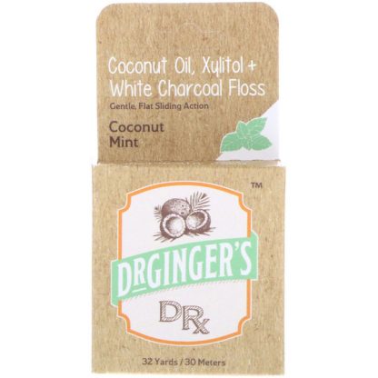 DR. GINGER'S, COCONUT OIL, XYLITOL + WHITE CHARCOAL FLOSS, COCONUT MINT, 32 YDS (30 M)