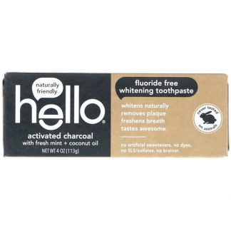 HELLO, FLUORIDE FREE WHITENING TOOTHPASTE, ACTIVATED CHARCOAL, WITH FRESH MINT & COCONUT OIL, 4 OZ / 113g