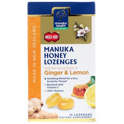 MANUKA HEALTH, MANUKA HONEY LOZENGES, MGO 400+, GINGER & LEMON, 15 LOZENGES