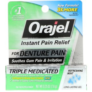 ORAJEL, INSTANT PAIN RELIEF FOR DENTURE PAIN, TRIPLE MEDICATED GEL, REFRESHING MINT, 0.25 OZ / 7.0g