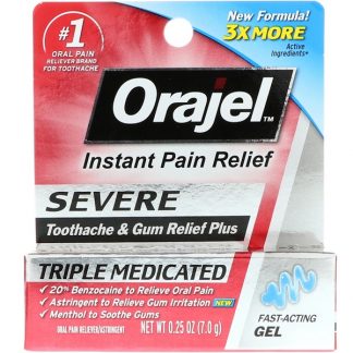 ORAJEL, SEVERE TOOTHACHE AND GUM RELIEF PLUS, TRIPLE MEDICATED GEL, 0.25 OZ / 7.0g