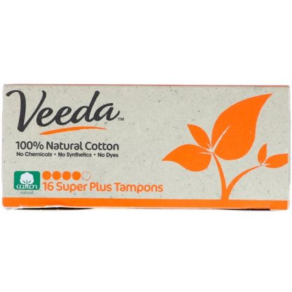 VEEDA, 100% NATURAL COTTON TAMPON, SUPER PLUS, 16 TAMPONS