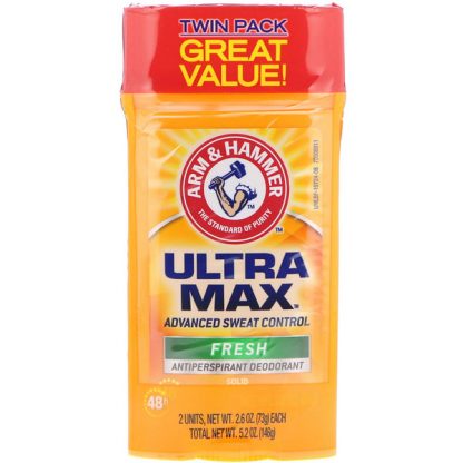 ARM & HAMMER, ULTRAMAX, SOLID ANTIPERSPIRANT DEODORANT, FOR MEN, FRESH, TWIN PACK, 2.6 OZ / 73g EACH