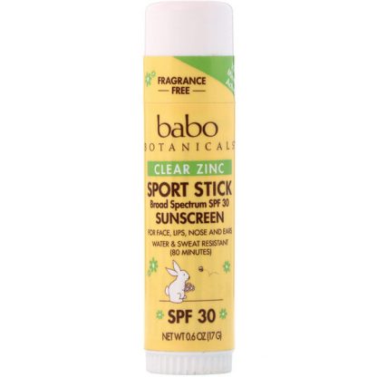 BABO BOTANICALS, CLEAR ZINC, SPORT STICK SUNSCREEN, SPF 30, FRAGRANCE FREE, 0.6 OZ / 17g